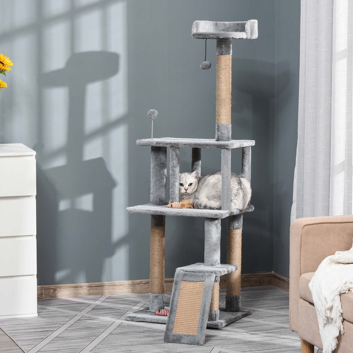 PawHut Cat Tree Tower 142cm Climbing Kitten Activity Center with Jute Scratching Post  Board Perch Roomy Condo Removable Felt Hanging Toy, Grey