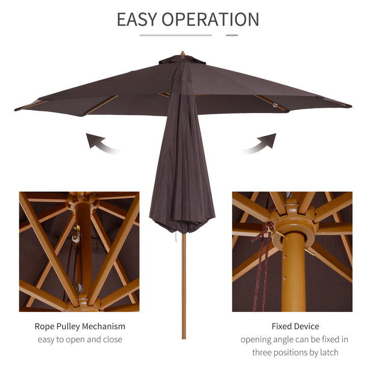 Outsunny ⌀3m Bamboo Wooden Market Patio Umbrella Garden Parasol Outdoor Sunshade Canopy, 8-ribs,Coffee