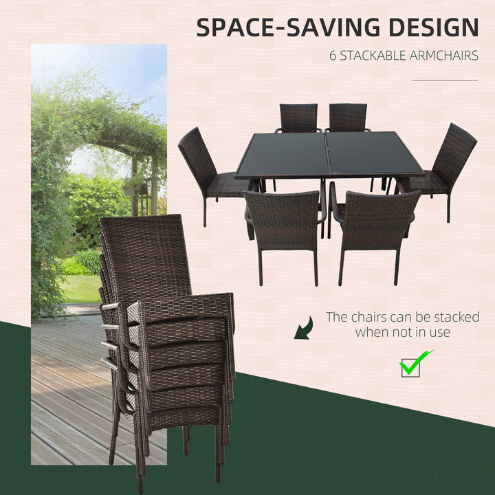 6-Seater Rattan Dining Set | 6 Wicker Weave Chairs & Tempered Glass Top Dining Table 6 Seater Outdoor Backyard Garden Furniture, Brown