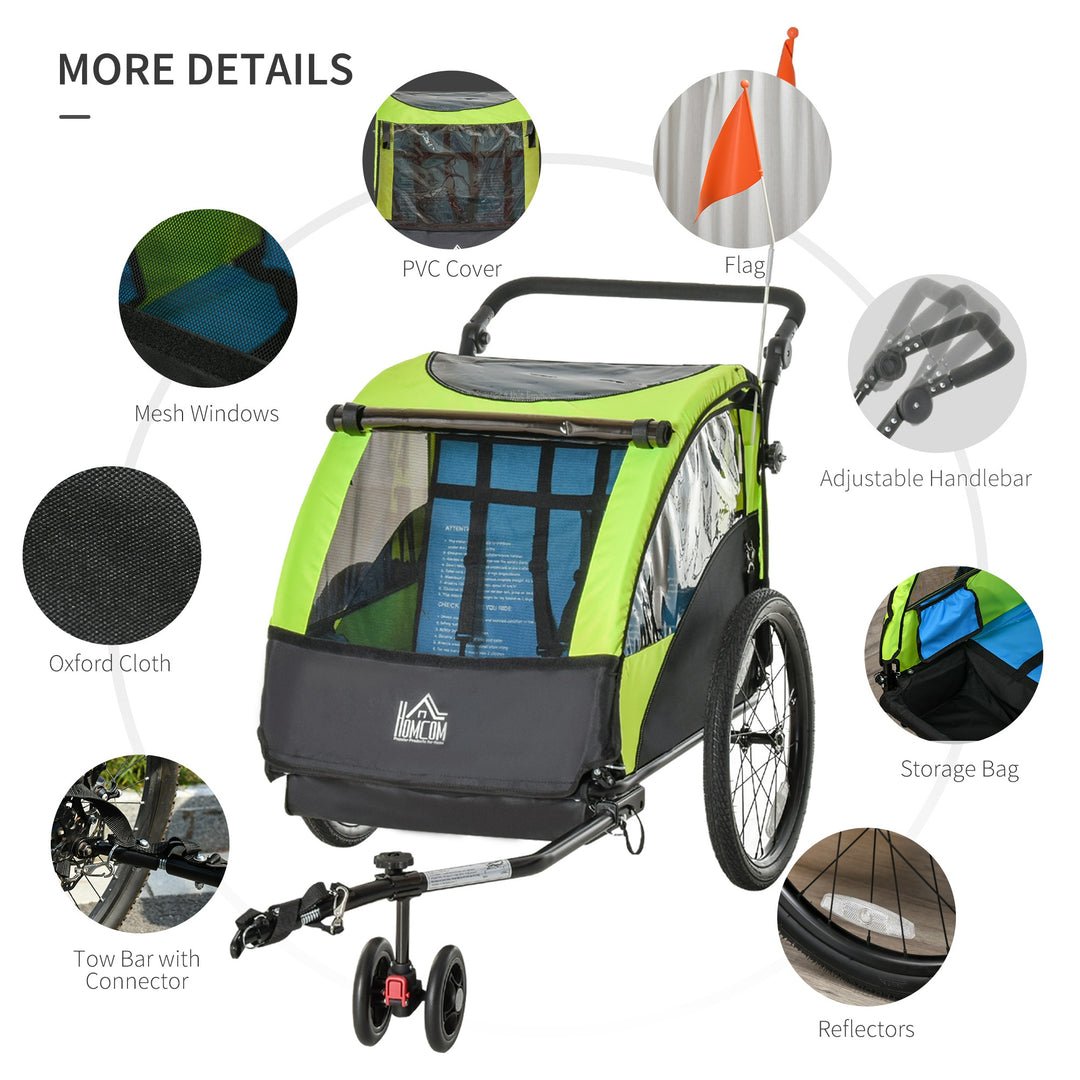 2 In 1 Trailer for Kids Child Foldable Baby Stroller 2-Seater Transport Carrier with Adjustable Handlebar Storage Bag Flag Green by HOMCOM