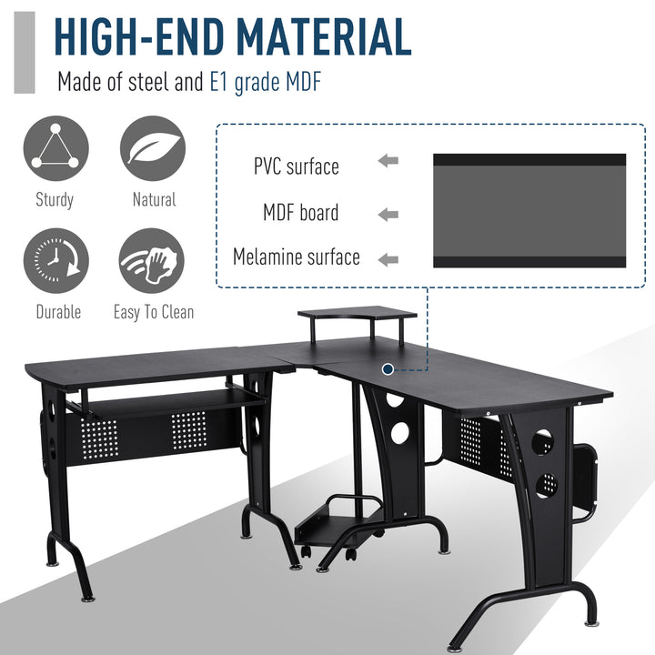 L-Shaped Corner Work Desk Gaming Office w/ Steel Frame CPU Rack Keyboard Tray Space-Saving Melamine Coating Computer Home Workstation Black