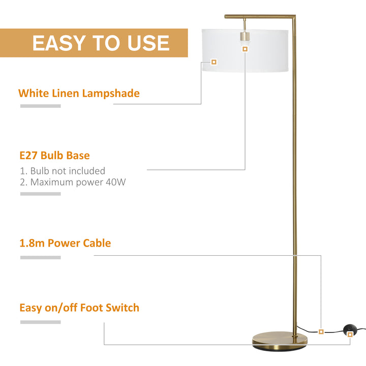 Floor Lamp, Modern Standing Light with Linen Lampshade, Round Base for Living Room, Bedroom, Dining Room, Gold and White