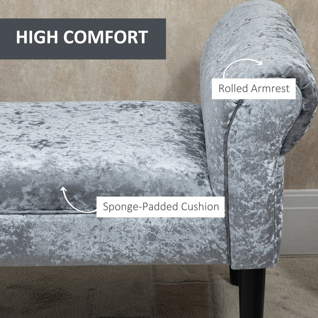HOMCOM Ice Crush Velvet Fabric Upholstered Bed End Bench, Padded Sponge Cushion Bedroom Bench with Armrests Rubber Wood for Room Entryway, Silver Grey