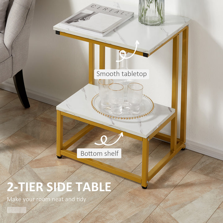 Side Table, Double Layer End Table, Modern Coffee Table with Steel Frame and Adjustable Non-Slip Feet for Living room, Bedroom, White
