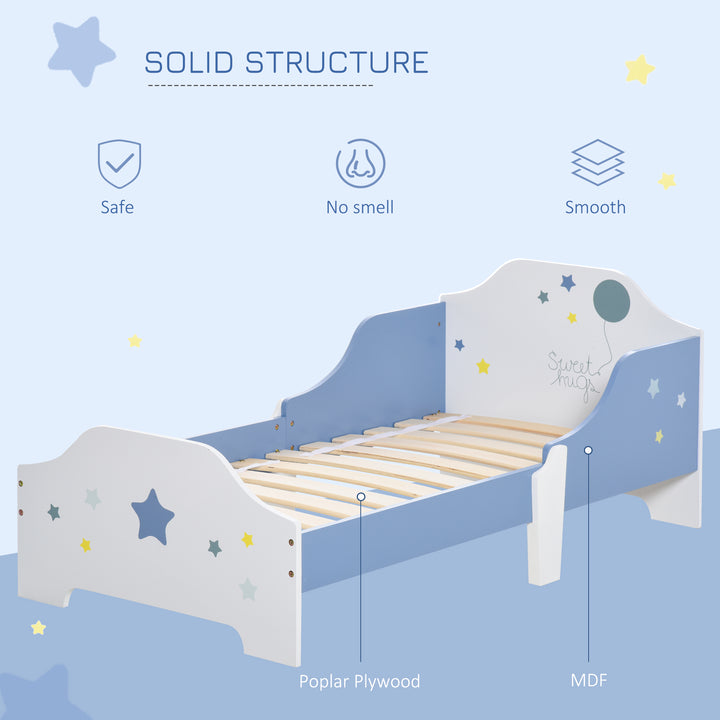 Kids Toddler Wooden Bed Round Edged with Guardrails Stars Image 143 x 74 x 59 cm Blue