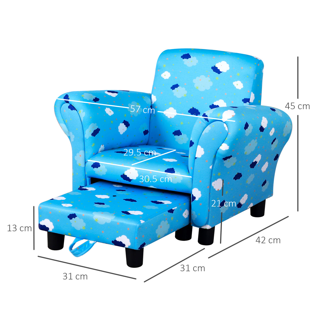 Kids Children Armchair Mini Sofa Wood Frame w/ Footrest Anti-Slip Legs High Back Arms Bedroom Playroom Furniture Cute Cloud Star Blue