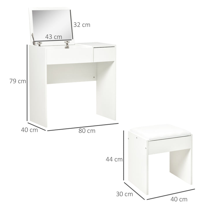 Makeup Desk with Drawer, Vanity Table Set with Flip-up Mirror and Cushioned Stool, White