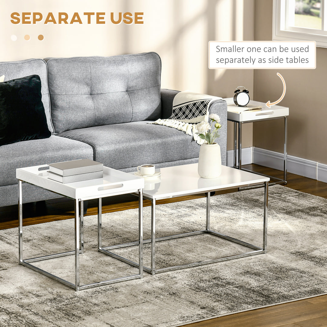 Coffee Table Set of 3, Modern Nest of Tables with Steel Frame and High Gloss Effect for Living Room, White