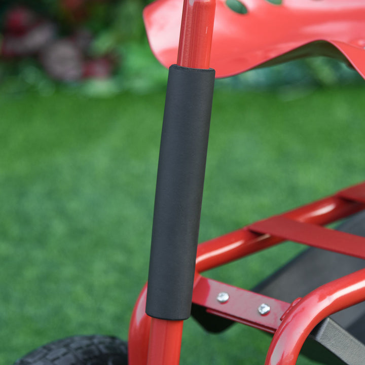 Outsunny Adjustable Rolling Garden Cart Outdoor Garden Planting Station Trolley Swivel Gardener Work Seat Heavy Duty w/ Tool Tray & Basket Red 150kg