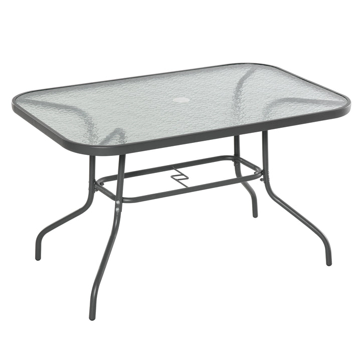 Glass Top Garden Table Curved Metal Frame w/ Parasol Hole 4 Legs Outdoor  Balcony Sturdy Friends Family Dining Table  -Grey