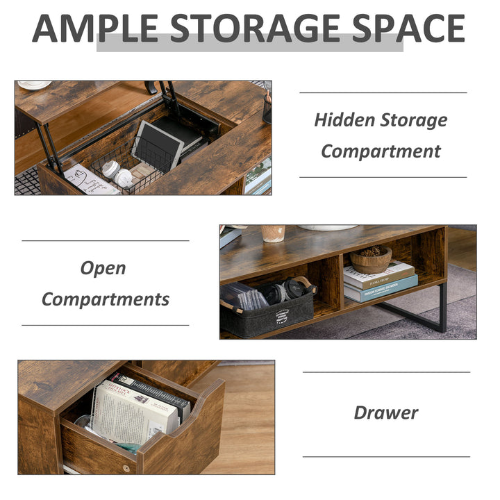 Extendable Coffee Table Lift Top Desk w/ Hidden Storage Compartment Drawer Metal Frame - Brown