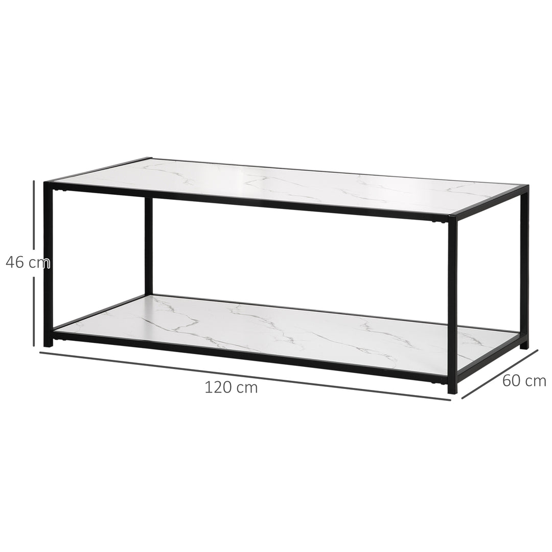 HOMCOM Modern Coffee Table with Faux Marble Top, Cocktail Table with 2-Tier Storage and Steel Frame for Living Room, White