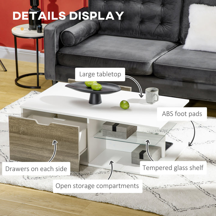 Coffee Table, Modern Tea Table with Tempered Glass Shelves, and Two Drawers, Coffee Tables for Living Room, Bed Room, White
