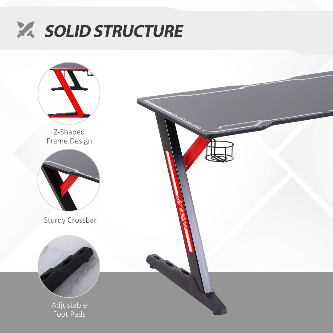 HOMCOM LED Gaming Desk, 120cm Racing Style Computer Table with Lights Cup Holder Headphone Hook Cable Management E-Sport Study Workstation – Black