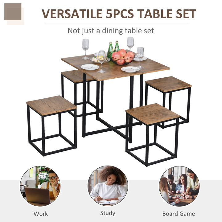 5 PCS Industrial Table & Stool Set w/ Metal Frame Home Dining Stylish Square Compact Seating Chair Beautiful Cool Black Brown