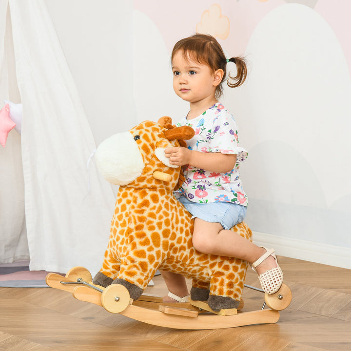 HOMCOM 2-IN-1 Kids Plush Ride-On Rocking Gliding Horse Giraffe-shaped Plush Toy Rocker with Realistic Sounds for Child 36-72 Months Yellow