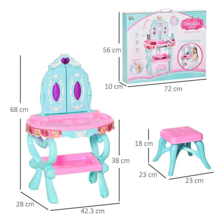 32 PCS Kids Vanity Dressing Table Play Set, Beauty Kit Pretend Toy w/ Magic Glamour Princess Mirror Hair Dryer Make Up Desk Stool, Blue+Pink