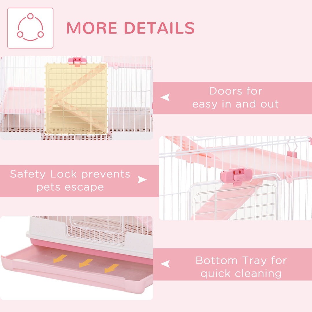 Four-Tier Small Animal Cage, for Bunnies, Ferrets, Chinchillas w/ Wheels, Tray - Pink