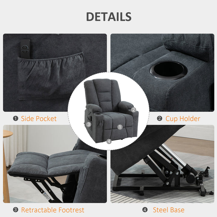 Oversized Riser and Recliner Chairs for the Elderly, Fabric Upholstered Lift for Living Room with Remote Control Side Pockets Cup Holder Grey
