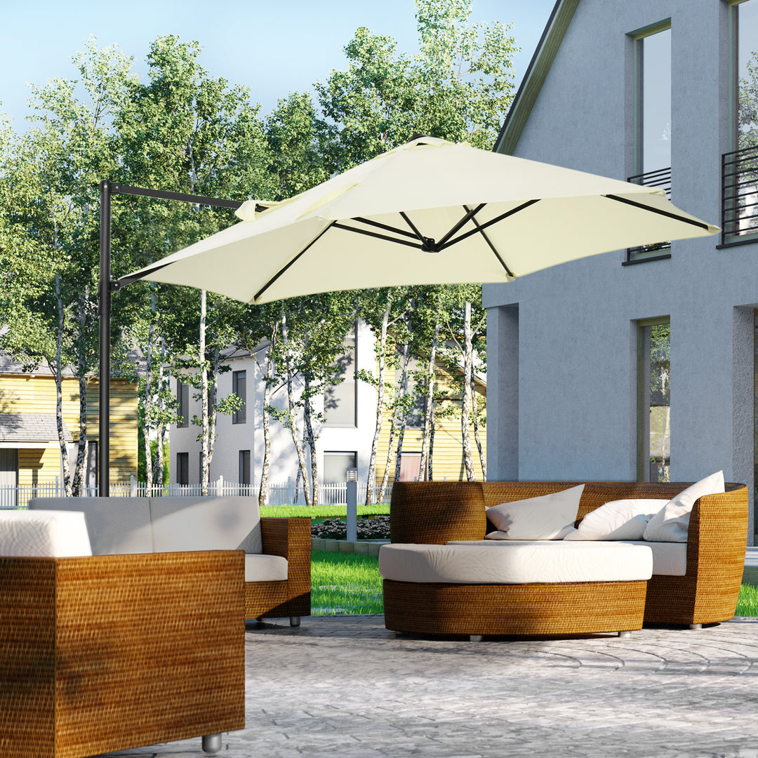 Outsunny 2.5M Garden Cantilever Parasol with 360° Rotation, Offset Roma Patio Umbrella Hanging Sun Shade Canopy Shelter with Cross Base, Beige