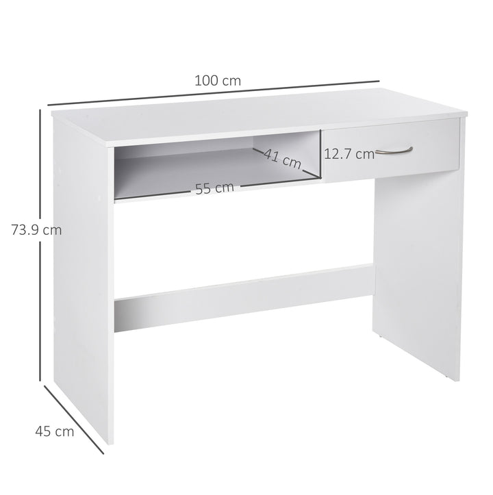 HOMCOM Modern Computer Work Desk Table Study w/ Shelf Drawer Standing Writing Station Display Stylish Storage Compact White