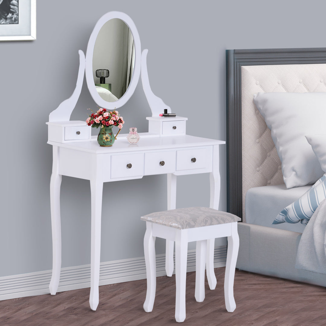 5-Drawers Dressing Table Set W/ Mirror &amp; Stool-White