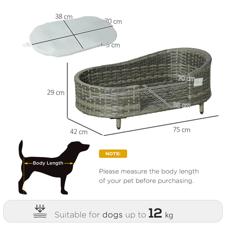 PawHut Elevated Wicker Dog Sofa, Rattan Cat Bed Hand Woven with Soft Cushion, Washable Cover, for Small &amp; Medium Dog, 75 x 42 x 29 cm, Grey