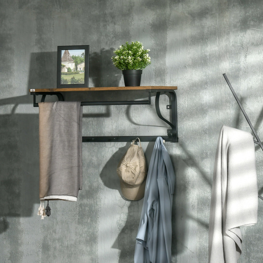 Floating Shelf with Hooks and Hanging Rod, Wall Mounted Shelf - Brown