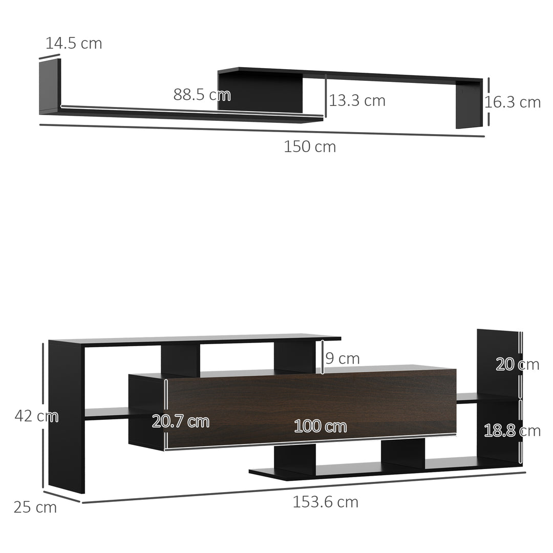 HOMCOM Modern TV Cabinet with Wall Shelf, TV Unit with Storage Shelf and Cabinet, for Wall-Mounted 65" TVs, Living Room Bedroom, Black and Dark Brown