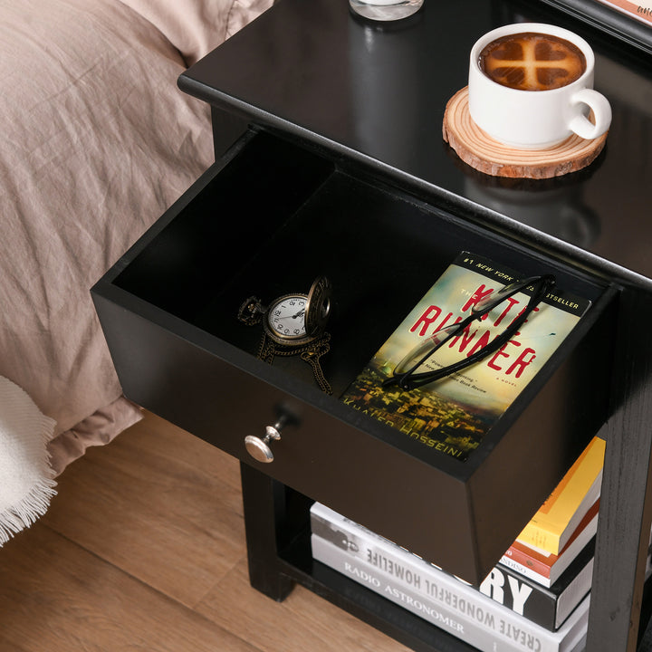 Traditional Accent End Table With 1 Drawer,X Bar Bottom Storage Shelf, for Living Room Bedroom Room 40L x 30W x 55H cm - Black