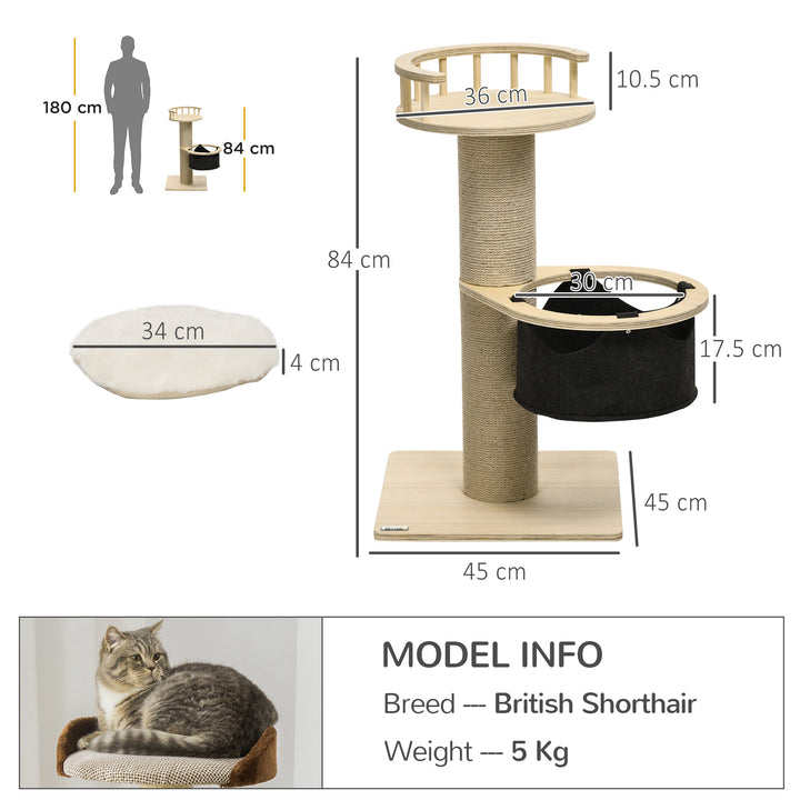 PawHut 84cm Cat Tree, Kitty Activity Center with Hammock &amp; Bed, Cat Tower with Jute Scratching Post, Natural
