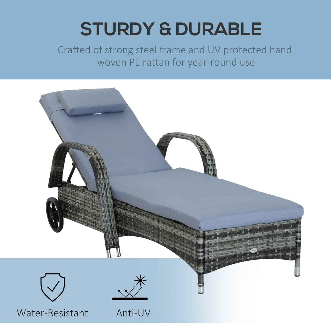 Outsunny Garden Rattan Furniture Single Sun Lounger Recliner Bed Reclining Chair Patio Outdoor Wicker Weave Adjustable Headrest - Grey