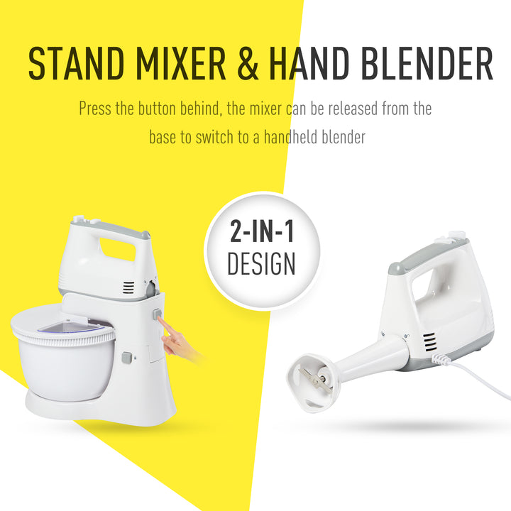 300W Stand Mixer, Hand Blender with 6 Speed, Electric Hand Whisk, 3.4 Litre Mixing Bowl, Whisk, Dough Hooks and Beater, Stainless Steel