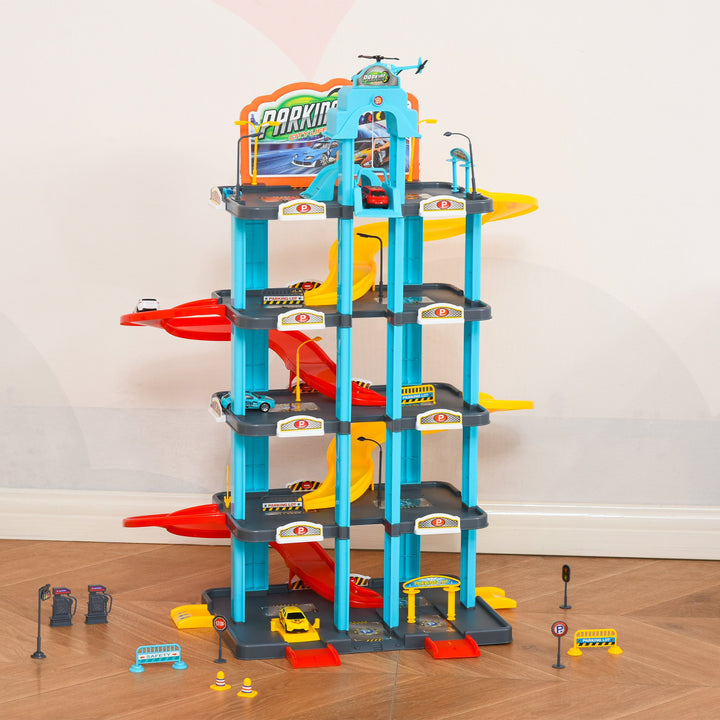 5-Level Car Parking Garage Toy Race Tracks Car Ramp Set Toddler Car Games w/ Cars &amp; Helicopter Elevator Gas Station Car Repair Station