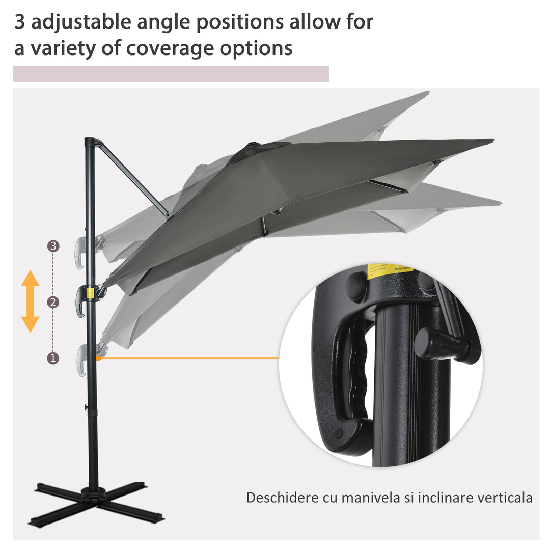 2.5 x 2.5m Patio Offset Parasol Cantilever Umbrella Sun Shade Canopy Shelter 360° Rotation with Crank Handle and Cross Base, Grey