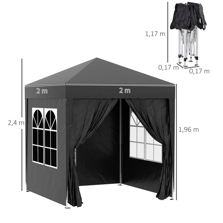2x2m Garden Pop Up Gazebo Shelter Canopy w/ Removable Walls and Carrying Bag for Party and Camping, Black