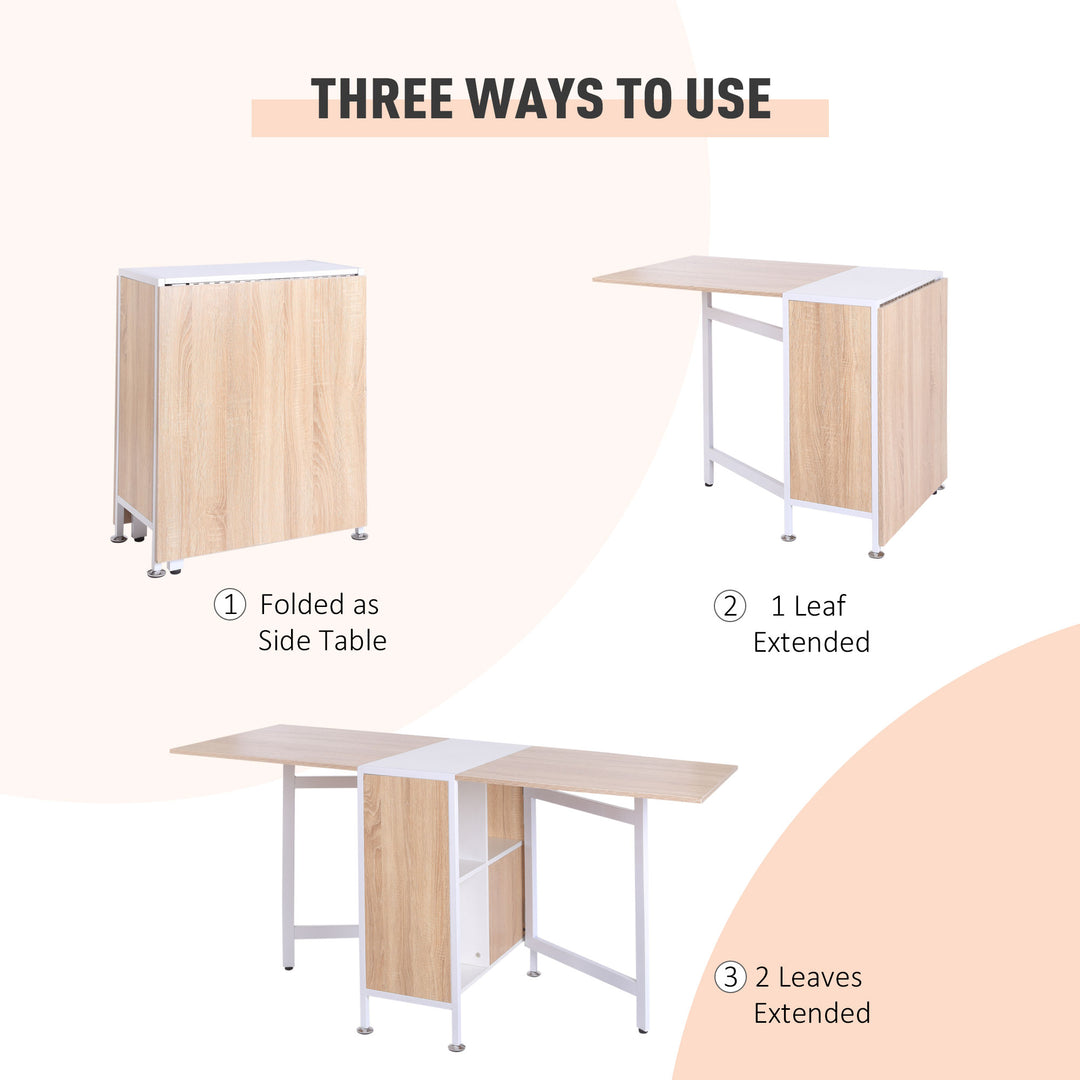 Foldable Dining Table Folding Workstation for Small Space with Storage Shelves Cubes Oak & White