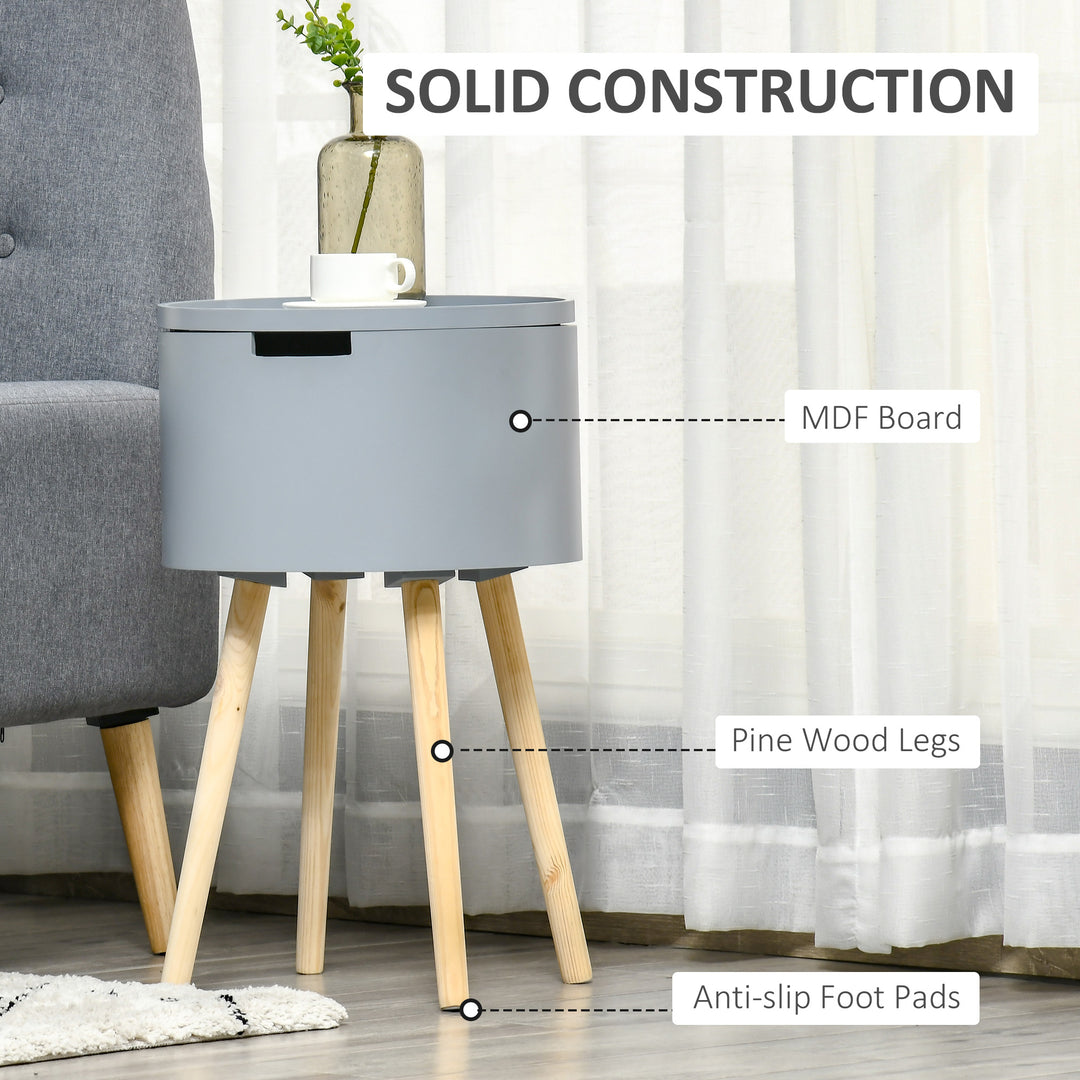 Modern Side Table with Hidden Storage Space, Round Night Stand with Removable Tray Wood Frame for Living Room Children's Room, Grey