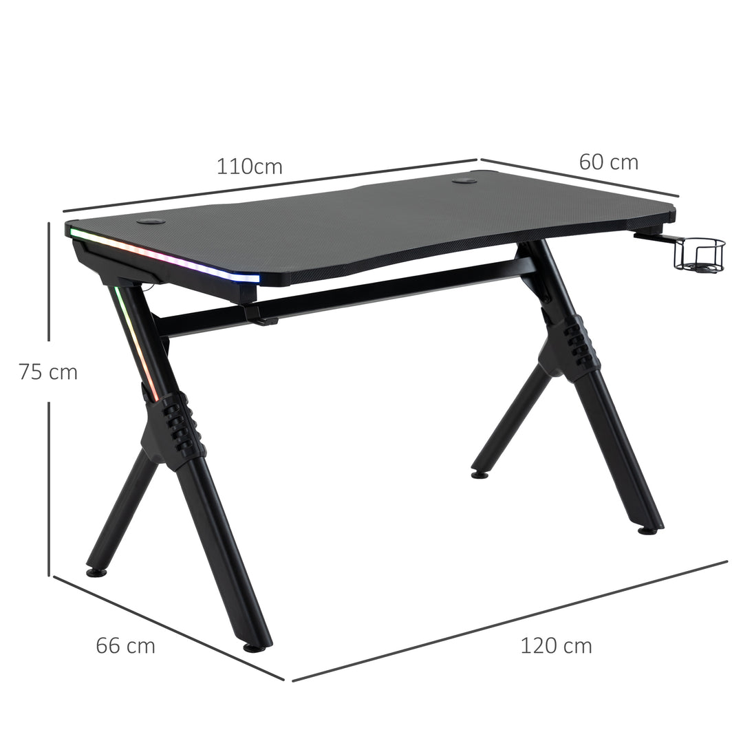 Gaming Desk Gaming Table with RGB LED Lights Racing Style Cup Holder, Cable Management, Black