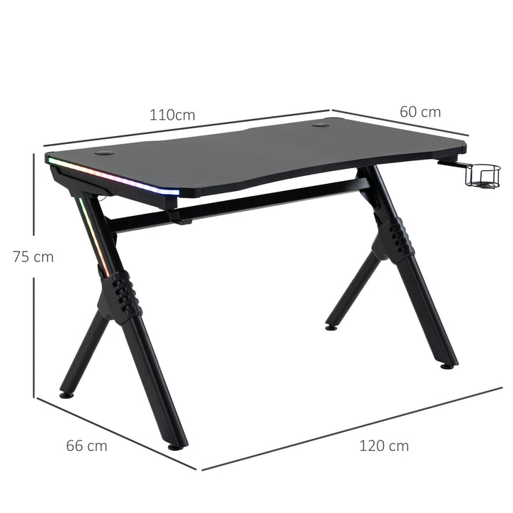 Gaming Desk Gaming Table with RGB LED Lights Racing Style Cup Holder, Cable Management, Black