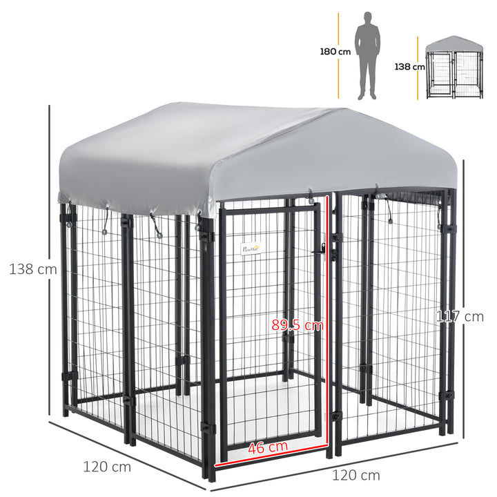 Outdoor Dog Kennel, Dog Run with UV-Resistant Canopy & Lockable Design, Metal Playpen Fence for Small and Medium Dogs, 120 x 120 x 138 cm