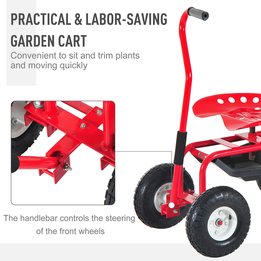 Outsunny Adjustable Rolling Garden Cart Outdoor Garden Planting Station Trolley Swivel Gardener Work Seat Heavy Duty w/ Tool Tray & Basket Red 150kg