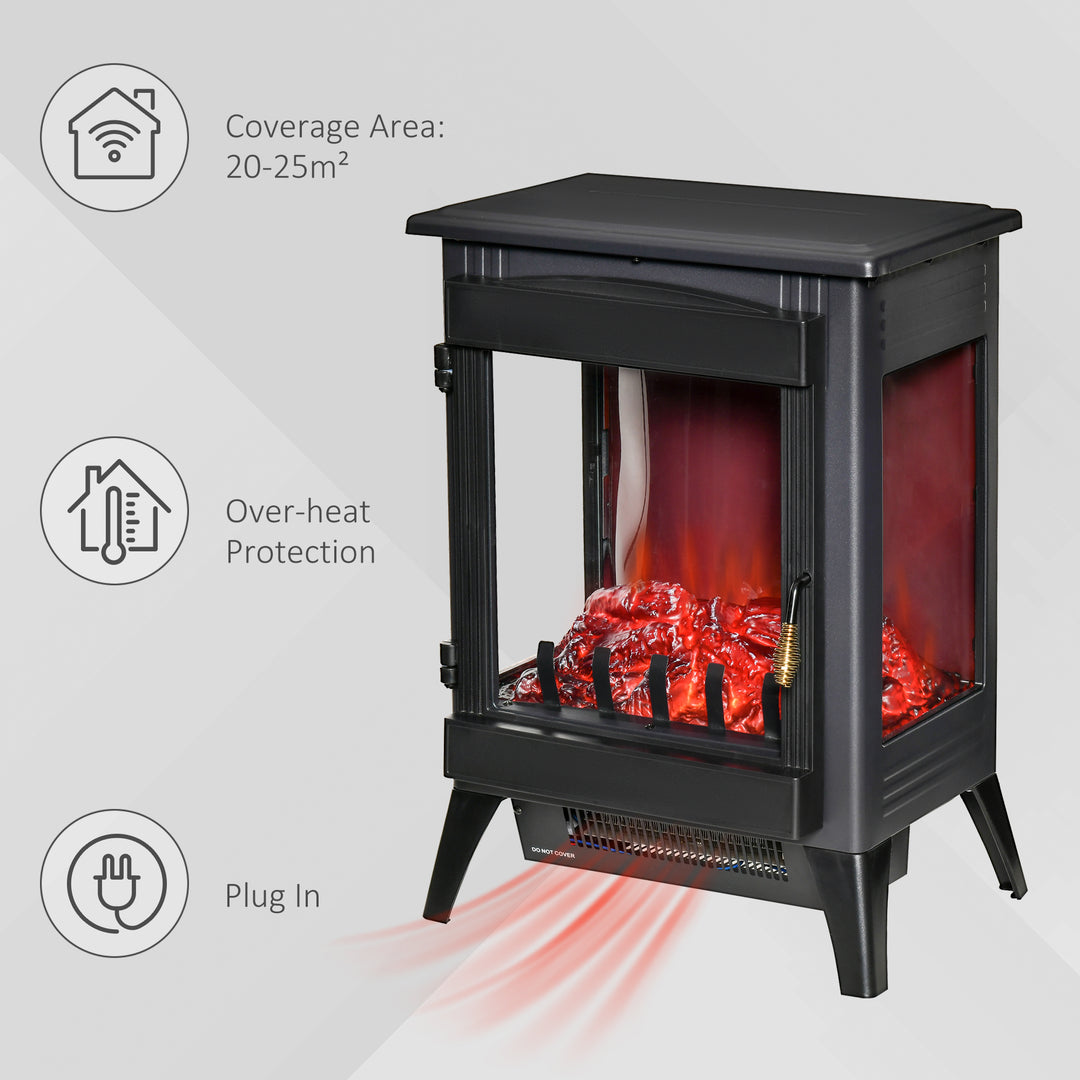 Free standing Electric Fireplace Stove, Fireplace Heater with LED Flame Effect, 3-sided Tempered Glass, Overheat Protection, 1000W/2000W, Black