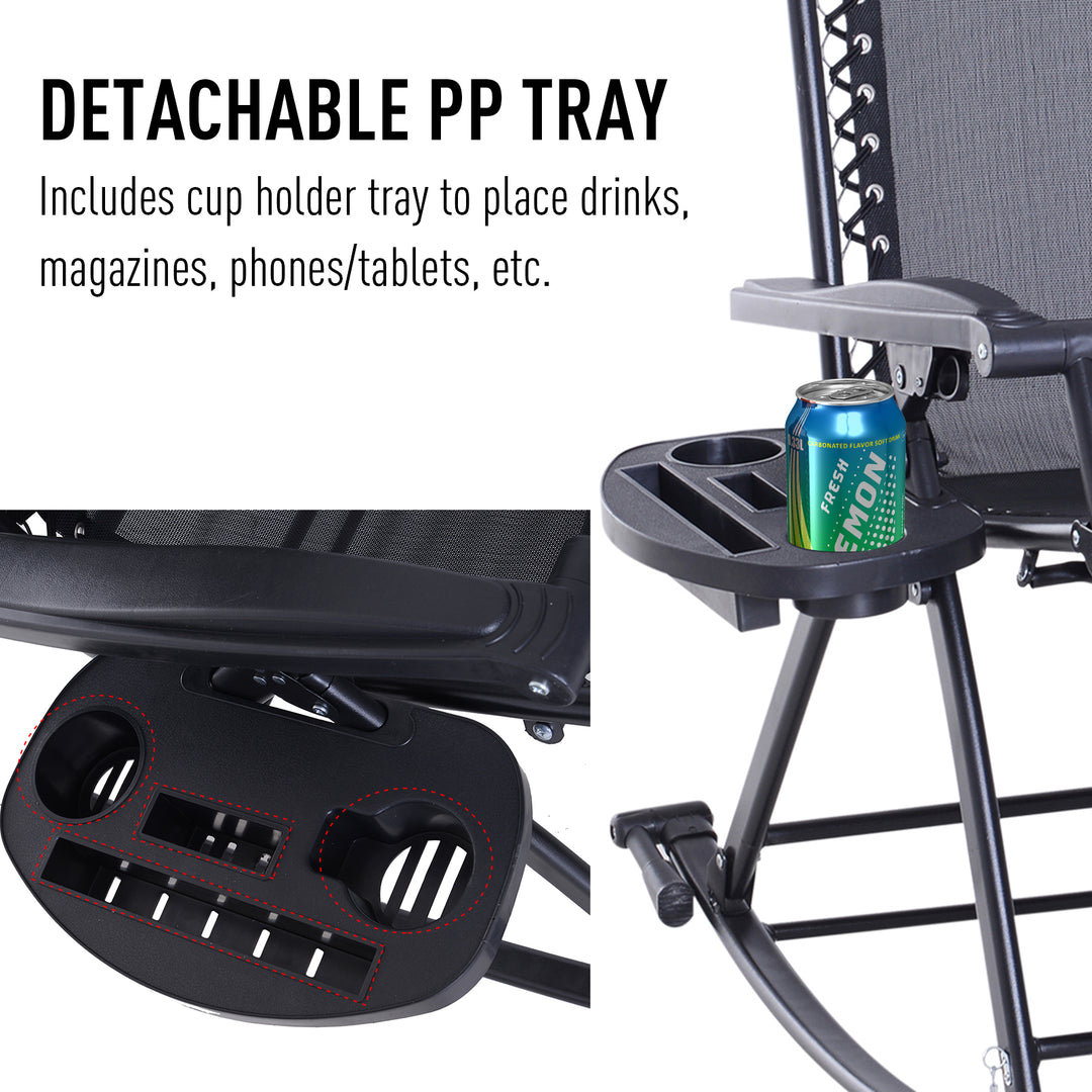 Rocking Chair Folding Recliner Outdoor with Headrest Side Holder Patio Deck - Black