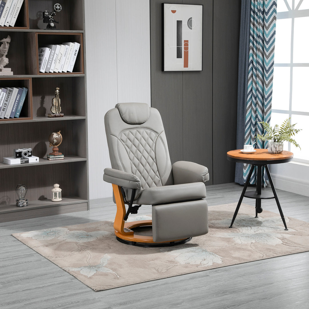 HOMCOM PU Recliner Chair with Footrest, Headrest, Round Wooden Base, Lounge Reading Armchair for Living Room, Bedroom and Office, Grey