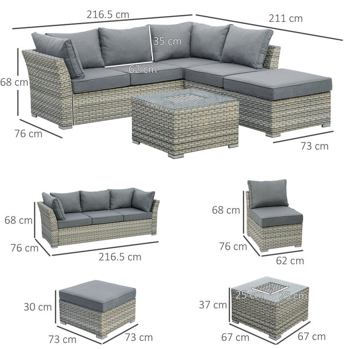 Outsunny 5-Seater PE Rattan Sofa Set Patio Corner Sofa Wicker Sectional Conversation Aluminum Frame Furniture Set w/ Padded Cushion, Light Grey