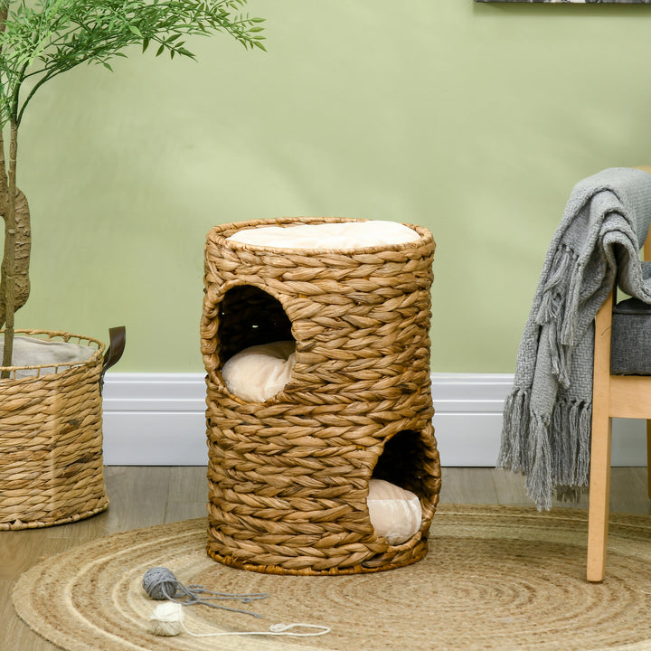 47cm Cat Barrel Tree for Indoor Cats with 2 Cat Houses, Kitten Tower with Cushion - Light Brown