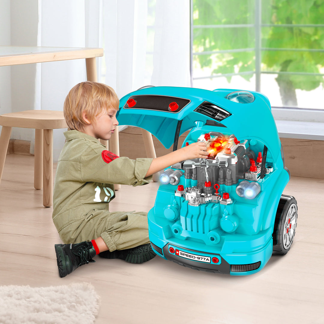 HOMCOM Kids Truck Engine Toy Set, Educational Car Service Station Playset, Take Apart Workshop, w/ Steering Wheel, for 3-5 Years Old Teal Green