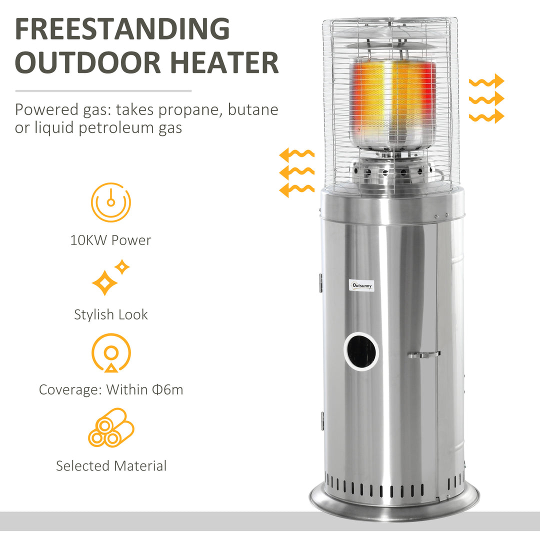 Outsunny 10KW Outdoor Gas Patio Heater Terrace Freestanding Bullet Style Heater with Wheels, Dust Cover, Regulator and Hose, Silver