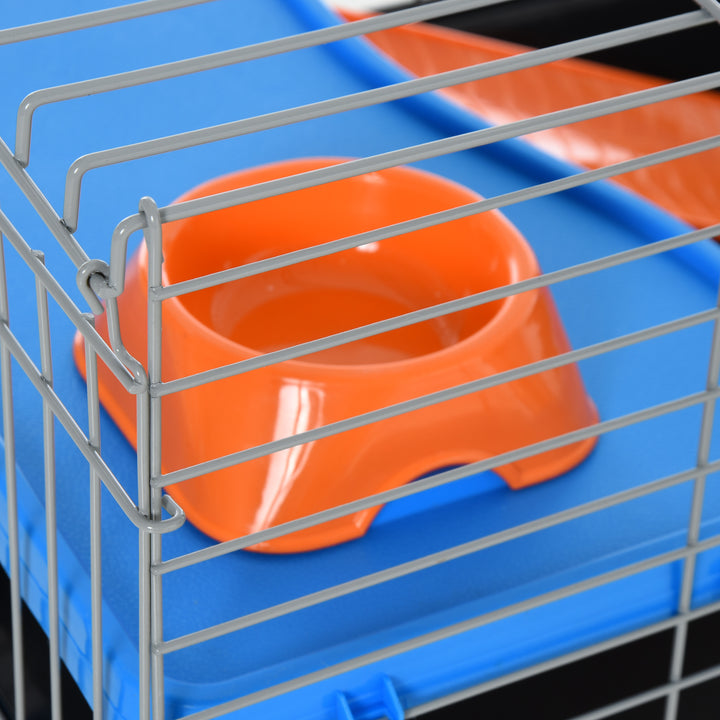 PawHut Steel Small 2-Tier Small Animal Cage w/ Accessories Blue/Orange